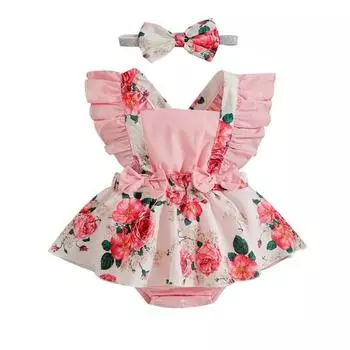 Детское платье-комбинезон с цветочным принтом, боди без рукавов для девочек, комплект одежды для девочек 100