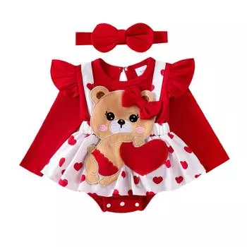 Детское платье-комбинезон с принтом в виде сердца для девочки, с длинными рукавами, круглым вырезом, вышитым медведем, с повязкой на голову 9-12 Months