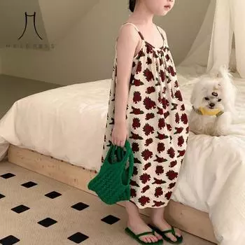 Детское платье. Летнее длинное платье без рукавов в корейском стиле для девочек с бретельками. Розово-белое платье с полным принтом. 80 бежевый