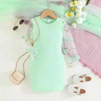 Детское платье, однотонное детское платье, цветочный узор, перспектива, сетчатые рукава, дизайн 5Y