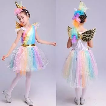 Детское платье-пачка для малышей, платье принцессы с радужным единорогом, милая праздничная одежда для девочек с крыльями 8-9 Years