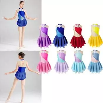 Детское платье-пачка с блестящими стразами для девочек и цветочным декором, лоскутное платье для катания на коньках, танцевальное платье, гимнастическая юбка-пачка, танцевальное представление 5-6 Years светло-синий