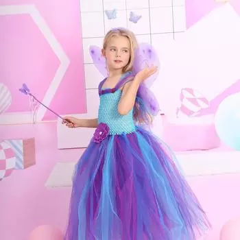 Детское платье-пачка в виде цветочной феи для девочек, комплект головных уборов с крыльями, детские костюмы для косплея на Хэллоуин, детский наряд для ролевых игр в стиле принцессы S/90cm синий