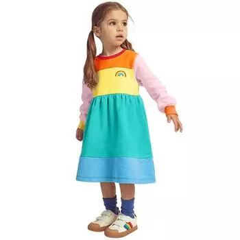Детское платье, платье цвета радуги с длинными рукавами и круглым вырезом для девочек 120