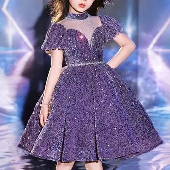 Детское платье Платье принцессы с бантом Однотонное платье для торта с блестками 110 фиолетовый