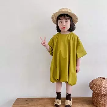 Детское платье, повседневное простое свободное однотонное летнее платье с короткими рукавами 130