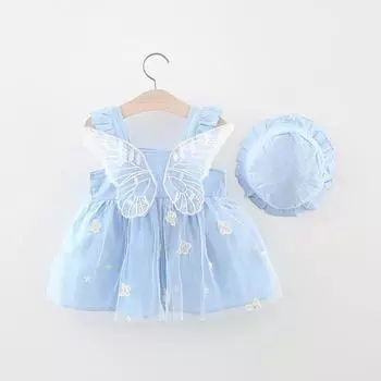 Детское платье принцессы, летнее платье на бретельках для девочек, платье с крыльями сзади, шляпа 73cm