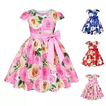 Детское платье принцессы, платье с цветочным принтом в стиле ретро, детское платье хозяина фестиваля 110 синий