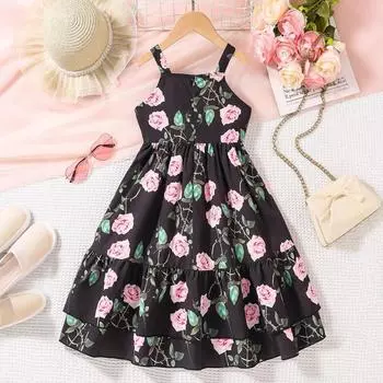 Детское платье принцессы с бретелью через шею, летнее модное платье с цветочным принтом для девочек 130cm чёрный