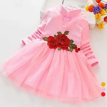 Детское платье принцессы с длинными рукавами и вышивкой розы для девочек на свадьбу, день рождения, детские сетчатые лоскутные платья-пачки в стиле ретро 90cm жёлтый