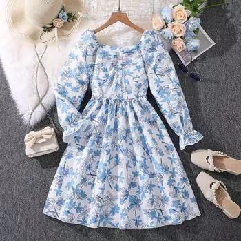 Детское платье принцессы с длинными рукавами с принтом, осеннее синее платье для девочек 130cm=8Y небесно-голубой