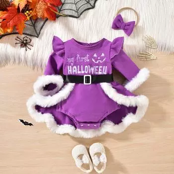 Детское платье-ромпер из искусственной ткани с вышивкой букв для Хэллоуина 9M фиолетовый