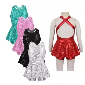 Детское платье с блестками на талии и бантом, декор для балета, джаза, современное платье, танцевальная одежда, костюм для выступлений, купальник, юбка-пачка 5-6 Years чёрный