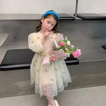 Детское платье с цветочным принтом и пушистой сеткой с круглым вырезом, повседневное платье 110