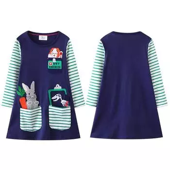 Детское платье с длинными рукавами для девочек и круглым вырезом, платье с рукавами в полоску и мультяшным узором, верхняя одежда 3T