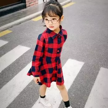 Детское платье с длинными рукавами и клетчатым принтом для девочек, топы с поясом 90 красный