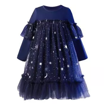 Детское платье с длинными рукавами и звездным принтом для девочек, Рождественский костюм принцессы, платье для дня рождения, одежда для детей 3-10 лет