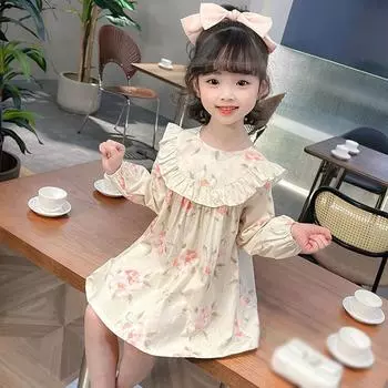 Детское платье с длинными рукавами. Милое платье с цветочным принтом для девочек. 100