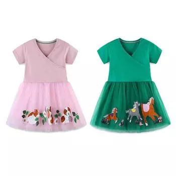 Детское платье с короткими рукавами и перекрестным вырезом для девочек, сетчатое платье-пачка с вышивкой, платье-пачка 7T