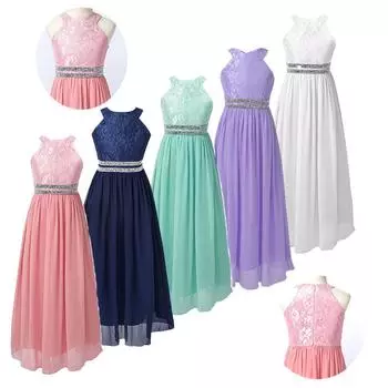 Детское платье с лямкой на шее для девочек, кружевное шифоновое платье без рукавов с цветочным принтом, праздничное платье принцессы на свадьбу, костюмы подружки невесты 7-8 Years мятный зеленый