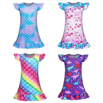 Детское платье с мультяшным принтом, ночная рубашка, платье с летающими рукавами для девочек 150