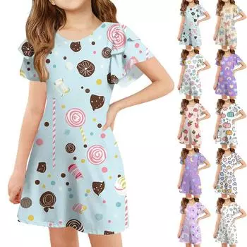 Детское платье с оборками на рукавах, летнее повседневное платье А-силуэта с круглым вырезом и симпатичным принтом для девочек 110 бежевый