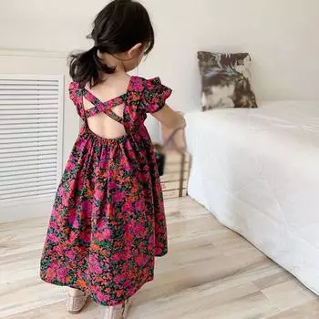 Детское платье с открытой спиной. Летняя темпераментная юбка с цветочным узором для девочек. Детская юбка винного цвета. 11