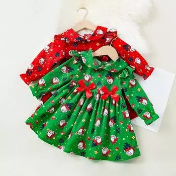 Детское платье с принтом для девочек, детское платье с лацканами и длинными рукавами и бантом 110