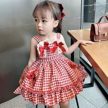 Детское платье с принтом в клетку, детское платье без рукавов и спинки, платье принцессы для девочки с кружевным украшением в виде банта 9