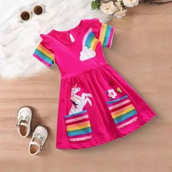 Детское платье с вышитыми животными и цветами, летнее платье с радужной оборкой, круглым вырезом, мини-платьем в складку, с карманами для девочек 3-8 лет 120 cm розы красного