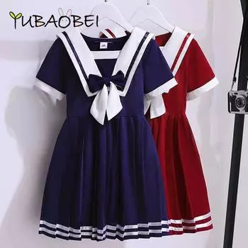 Детское платье средней длины с одеждой Платье в студенческом стиле для девочек Темно-синий стиль Весна-Осень Детское плиссированное платье среднего размера с длинными рукавами 4T темно-синий
