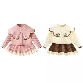 Детское платье-свитер с большим воротником, вязаный кардиган с двумя цветами, комплект из двух предметов для маленьких девочек, новый стильный и милый свитер 100 розовый