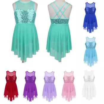 Детское платье-трико для балета и танцев для девочек, платье-костюм для лирического танца с блестками и крест-накрест на спине, неровный подол 5-6 Years белый