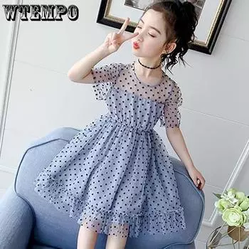 Детское платье, весна-лето, детская одежда, одежда для маленьких девочек, платье с короткими рукавами и волнистыми краями, сетчатое платье с рюшами для девочек 160 бежевый