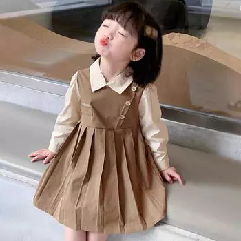 Детское плиссированное платье в студенческом стиле, поддельное платье из двух частей для девочек 90