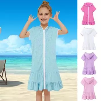 Детское пляжное платье с капюшоном, защита от солнца, рюшами, лоскутным подолом, сплошной цвет, застежка-молния, короткие рукава, плиссированные купальники для девочек, купальник для бассейна 150CM