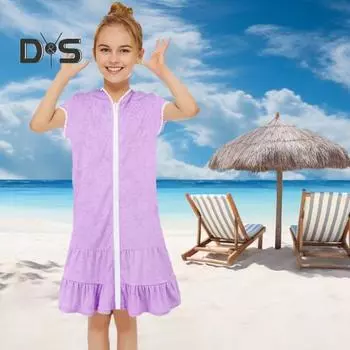 Детское пляжное платье с капюшоном, защита от солнца, рюшами, лоскутным подолом, сплошной цвет, застежка-молния, короткие рукава, плиссированные купальники для девочек, купальник для бассейна 150CM фиолетовый