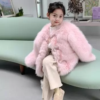 Детское плюшевое пальто для девочек, мягкие пальто из искусственного меха с пряжкой из бисера 90