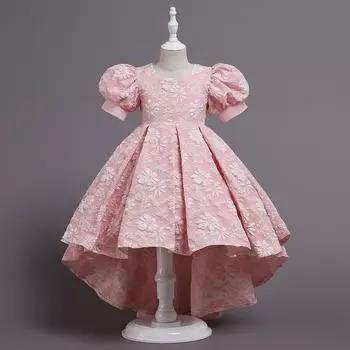 Детское подиумное вечернее платье со шлейфом, платье принцессы для больших детей, жаккардовый костюм фортепиано с пышными рукавами для девочек 110cm розовый