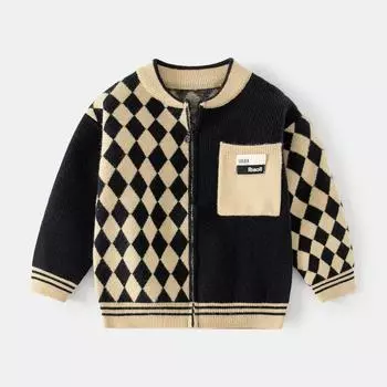 Детское повседневное пальто в клетку с ромбами, повседневный красивый кардиган, свитер для мальчиков 90cm