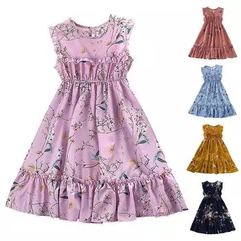 Детское повседневное платье для девочек, новое летнее платье трапециевидной формы с цветочным принтом и без рукавов, плиссированное платье принцессы с поясом, детская одежда 150 синий