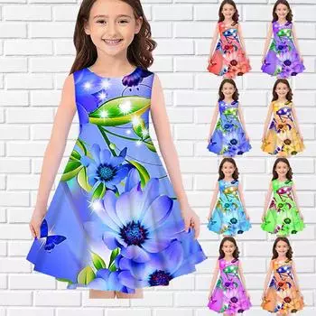 Детское праздничное платье принцессы без рукавов с 3D цветком и бабочкой для девочек, майка для девочек старше четырех лет 80 синий