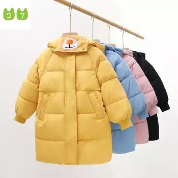 Детское пуховое пальто с хлопковой подкладкой, пальто средней длины с мультяшным капюшоном для мальчиков и девочек 90cm чёрный