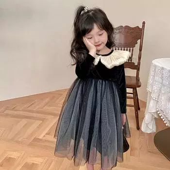 Детское пышное платье. Детское сетчатое платье с воротником с лацканами и длинными рукавами. 90