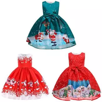 Детское рождественское платье для девочек, платье без рукавов с бантом и узором Санта-Снежинки, платье принцессы 120