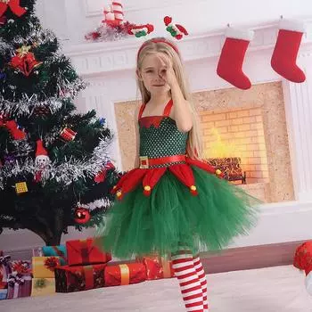 Детское рождественское платье-пачка с изображением эльфа для девочек, пышное бальное платье, торжественное рождественское праздничное платье 90 красный/зелёный