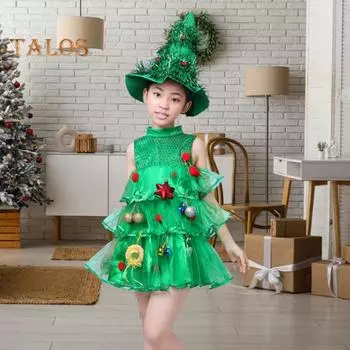 Детское рождественское платье с несколькими подвесками, декором в виде разбросанных пирожных, без рукавов, воротником-стойкой, А-силуэтом, мини-платье для косплея и сценического шоу 90 cm зелёный