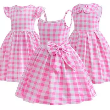 Детское розовое платье фигуристки для девочек, костюм принцессы Барби, нарядное платье, комплект с повязкой на голову