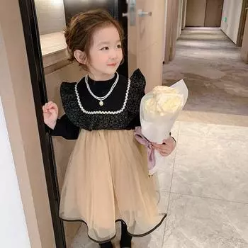 Детское сетчатое платье Детское платье с круглым вырезом и длинными рукавами 110