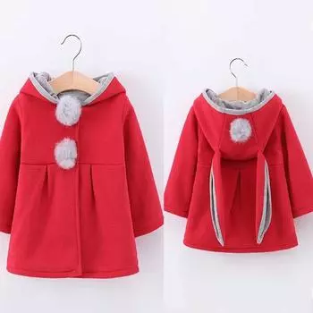 Детское шерстяное теплое пальто с заячьими ушками, бархатная куртка для девочек, осенняя милая толстовка с длинными рукавами, верхняя одежда, шерстяная зимняя одежда с героями мультфильмов 70cm красный